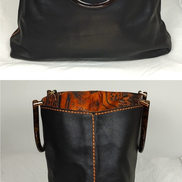 Plinio Visona Black Leather Tote Satchel NWOT Tortoiseshell Handles Y2K - Picture 4 of 6